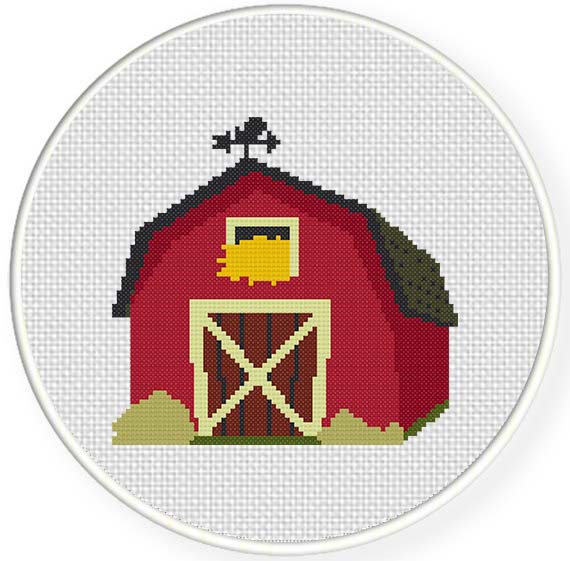 Vintage Needlepoint Cross Stitch Framed Red Barn Crossstitch