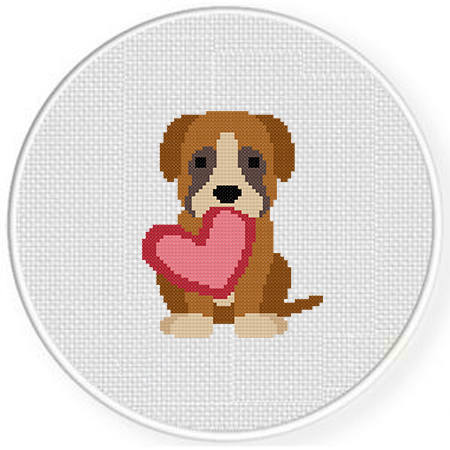 Puppy with Valentine Hearts Counted Cross Stitch Pattern Simple 8 DMC Colors