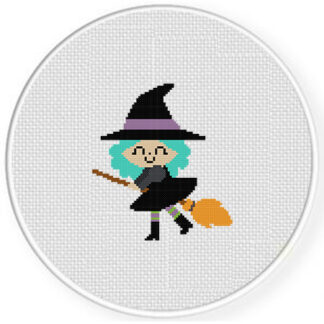 Cute Witch on a Broom Cross Stitch Pattern