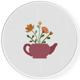 Teapot Autumn Flowers Cross Stitch Pattern