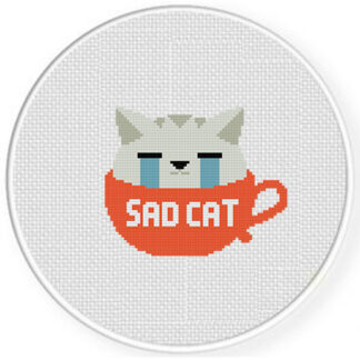 Sad Cat in a Teacup Cross Stitch Pattern