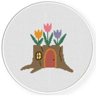 Tree Stump Flowers Cross Stitch Pattern