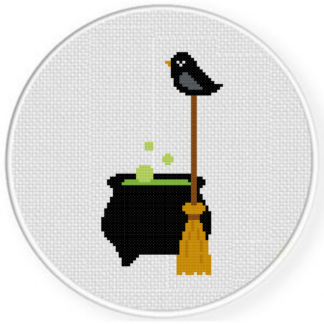 Crow on Witch Cauldron Cross Stitch Pattern