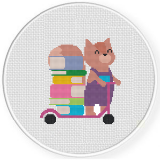Bookworm Squirrel in Scooter Cross Stitch Pattern