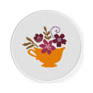 Autumn Teacup Flowers Cross Stitch Pattern