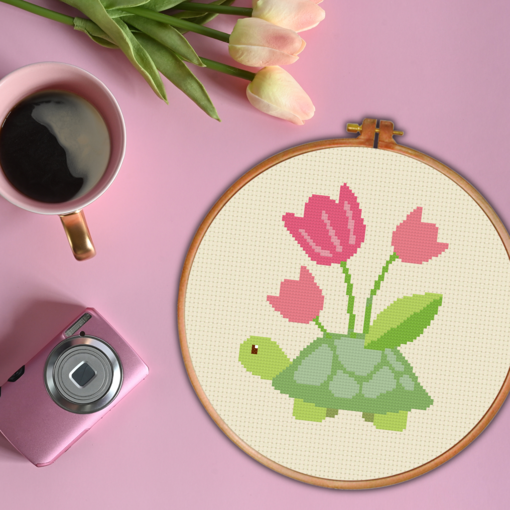 Turtle Pink Flower Cross Stitch Pattern – Daily Cross Stitch