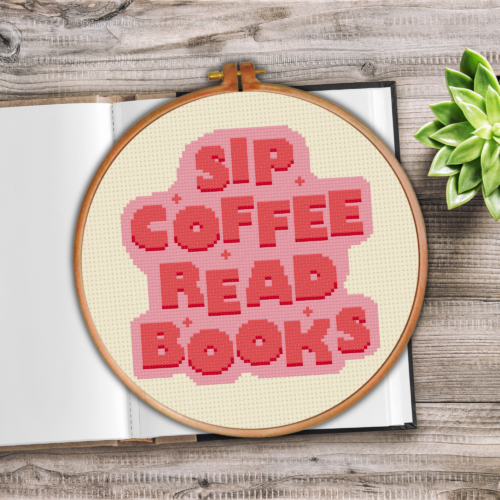 Sip Coffee Read Books Cross Stitch Pattern