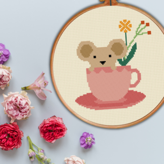 Mouse And Flower Cup Cross Stitch Pattern