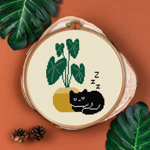 Sleeping Cat Planter Cross Stitch Pattern