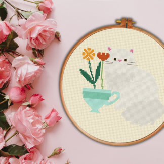 Kitty And Flower Cup Cross Stitch Pattern