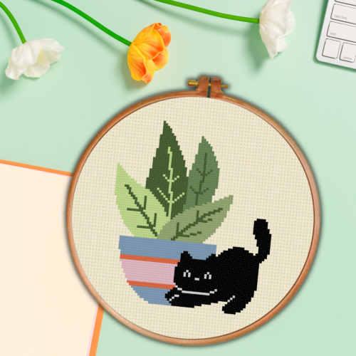 Stretching Cat Planter Cross Stitch Pattern