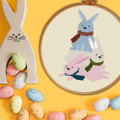 Scarfed Bunny Tower Trio Cross Stitch Pattern