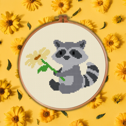 Raccoon with a Flower Cross Stitch Pattern