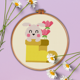 Bunny Boots Flowers Cross Stitch Pattern