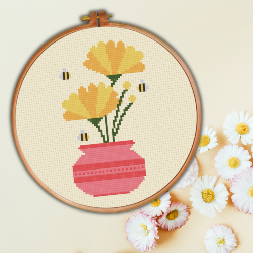 Flower Pot Bees Cross Stitch Pattern