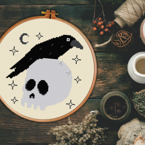 Skull And Crow Cross Stitch Pattern