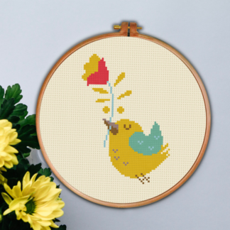 Yellow Bird Flower Stem Cross Stitch Pattern