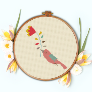 Pink Bird Flower Stem Cross Stitch Pattern