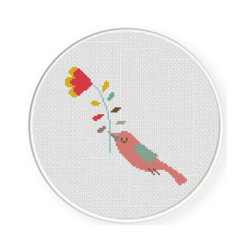 Pink Bird Flower Stem Cross Stitch Pattern - Image 2