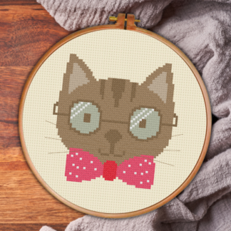 Brown Cat Bow Tie Cross Stitch Pattern