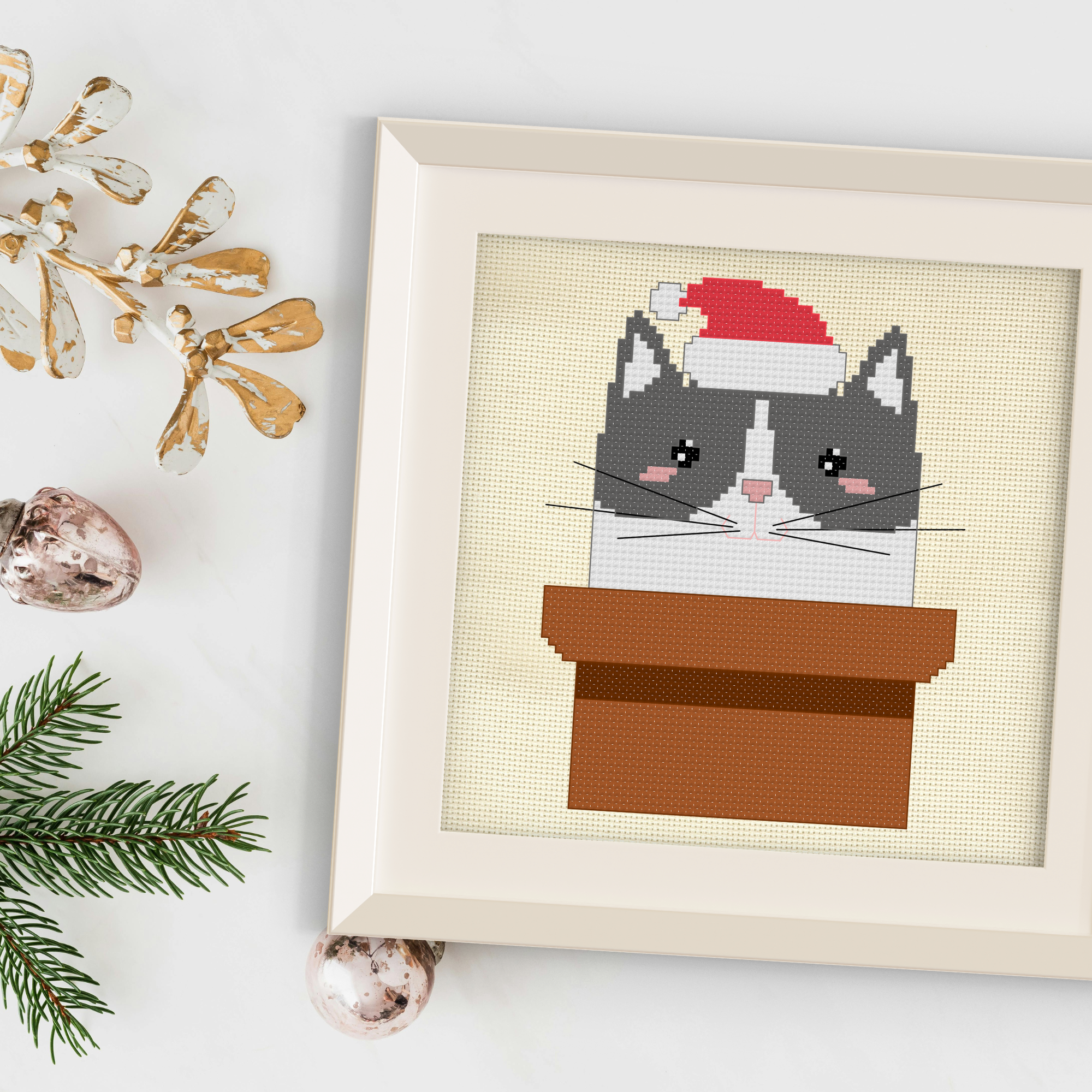 Christmas Cat Pot Cross Stitch Pattern
