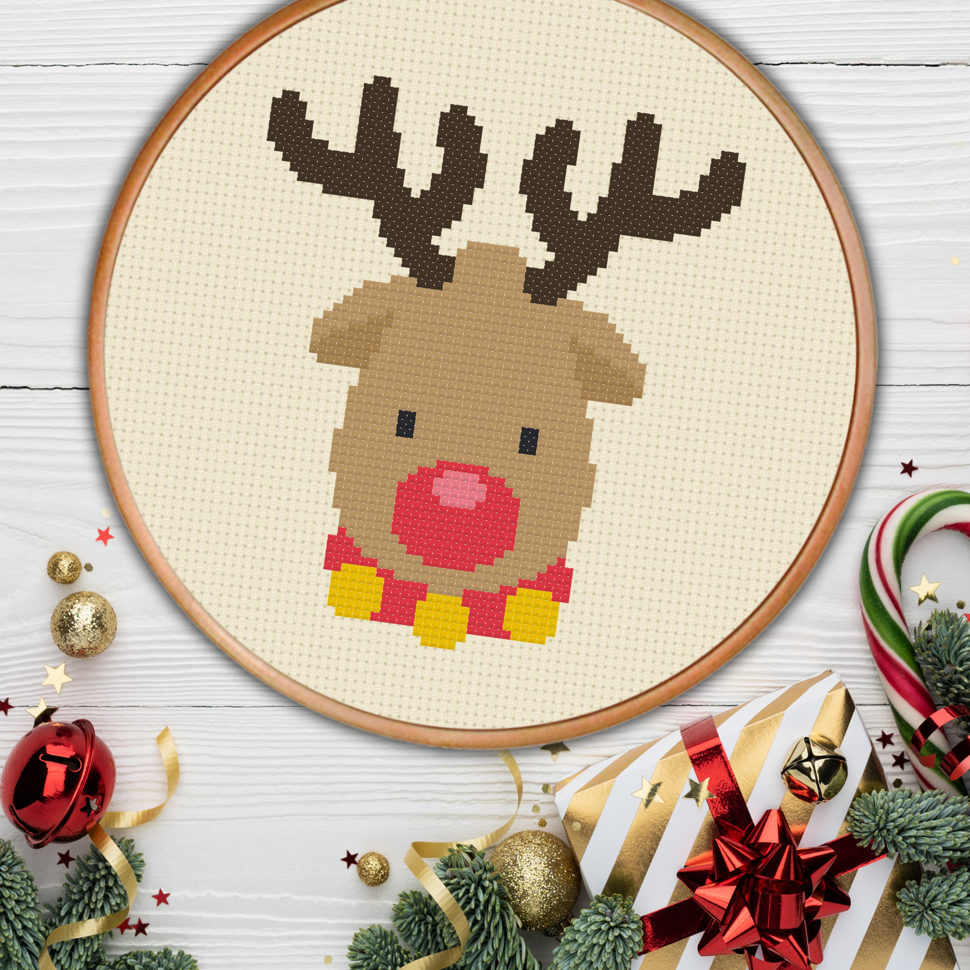Cute Red Nose Reindeer Cross Stitch Pattern