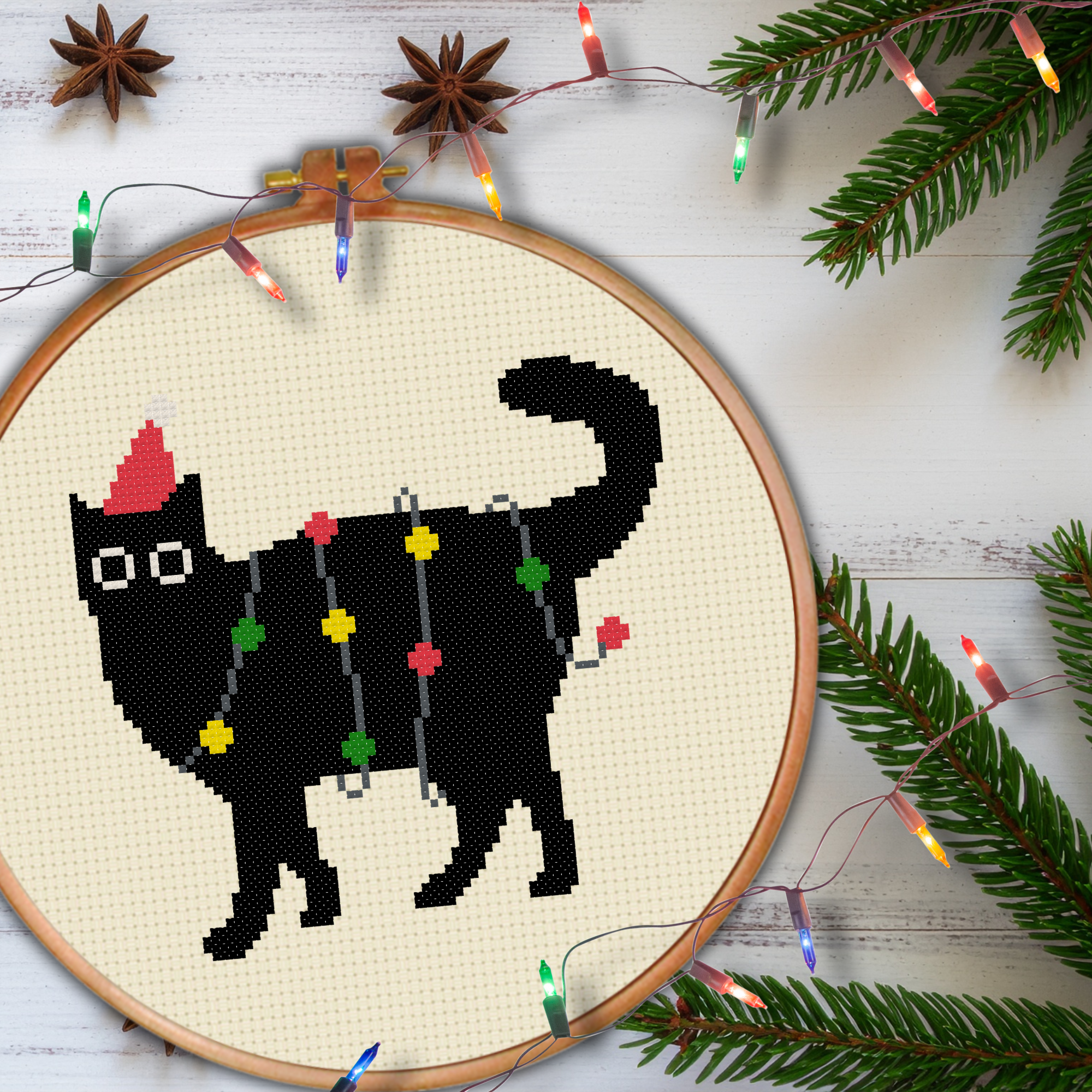 Black Cat Lights Cross Stitch Pattern