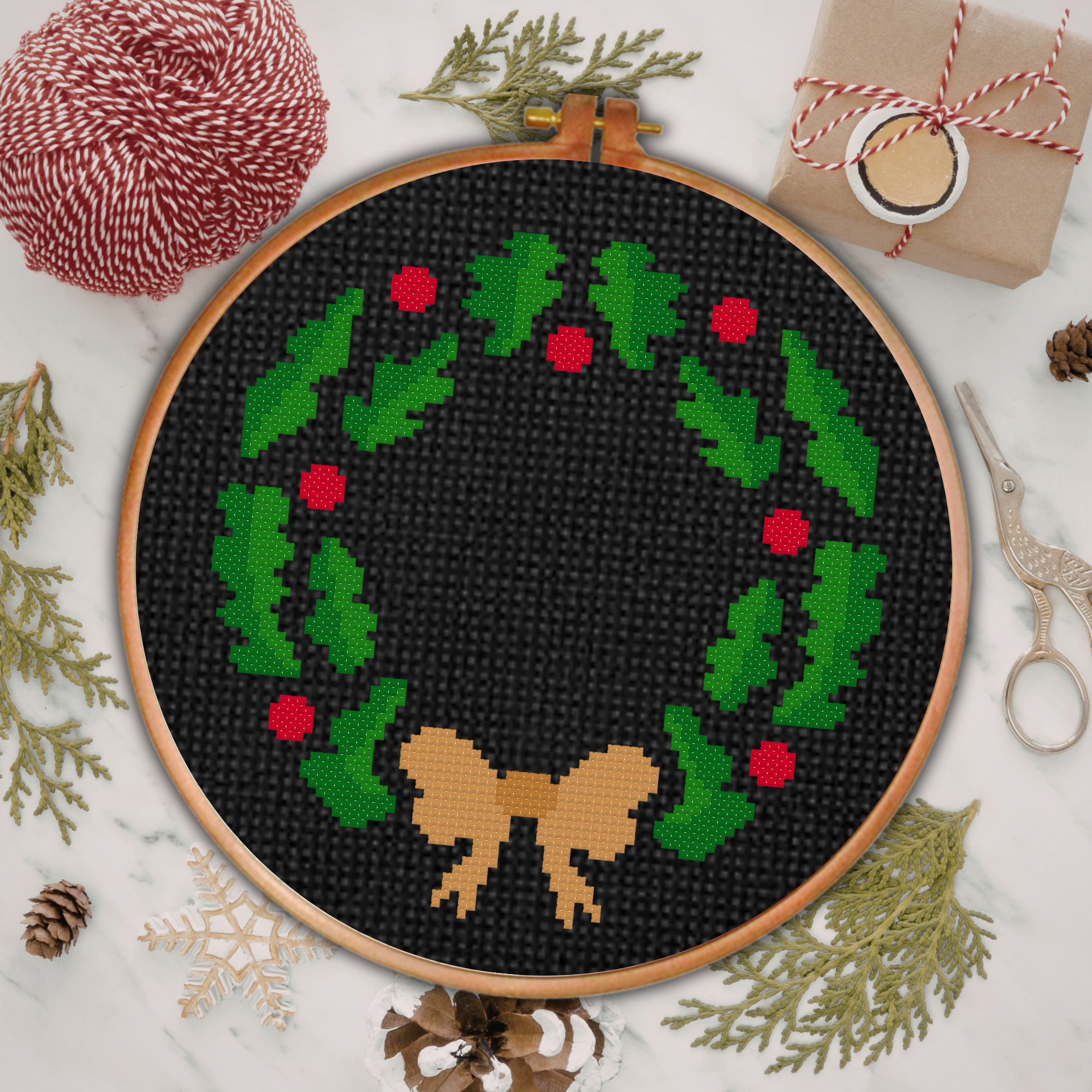 Christmas Wreath Bow Cross Stitch Pattern