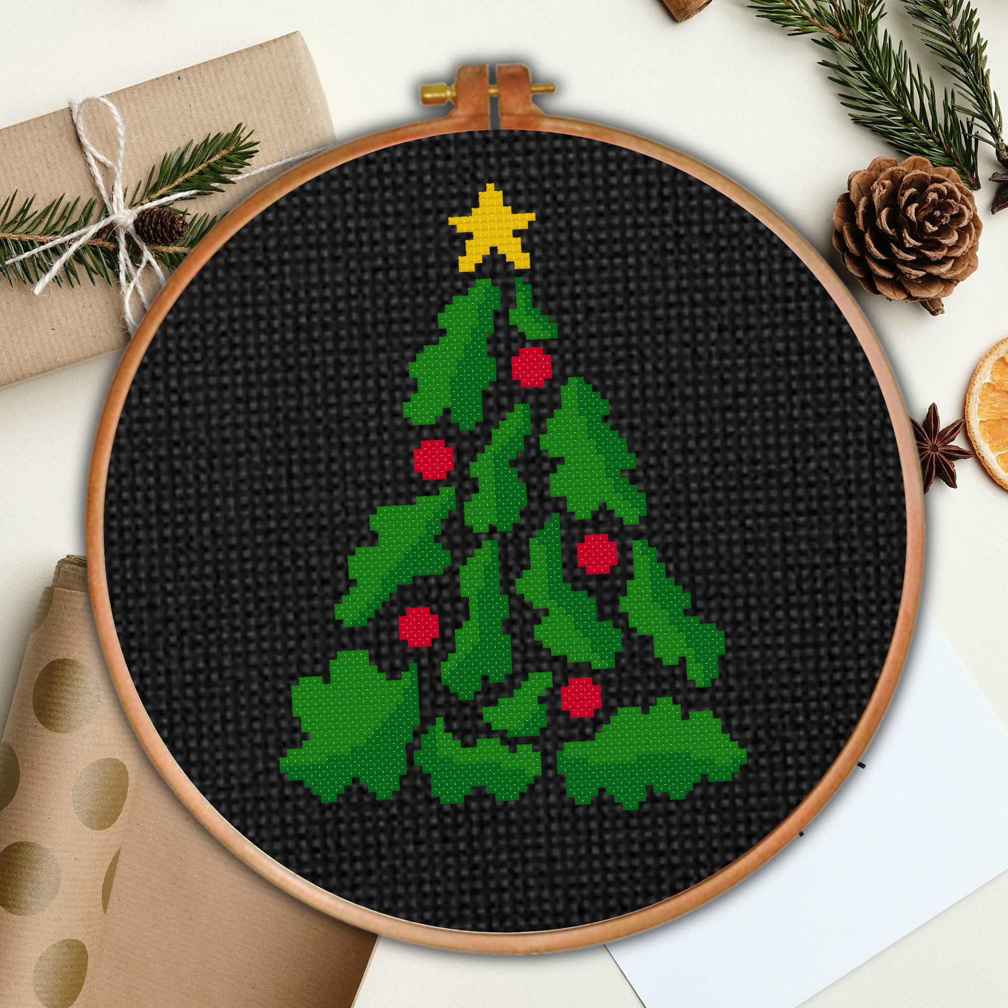 Christmas Tree Holly Cross Stitch Pattern