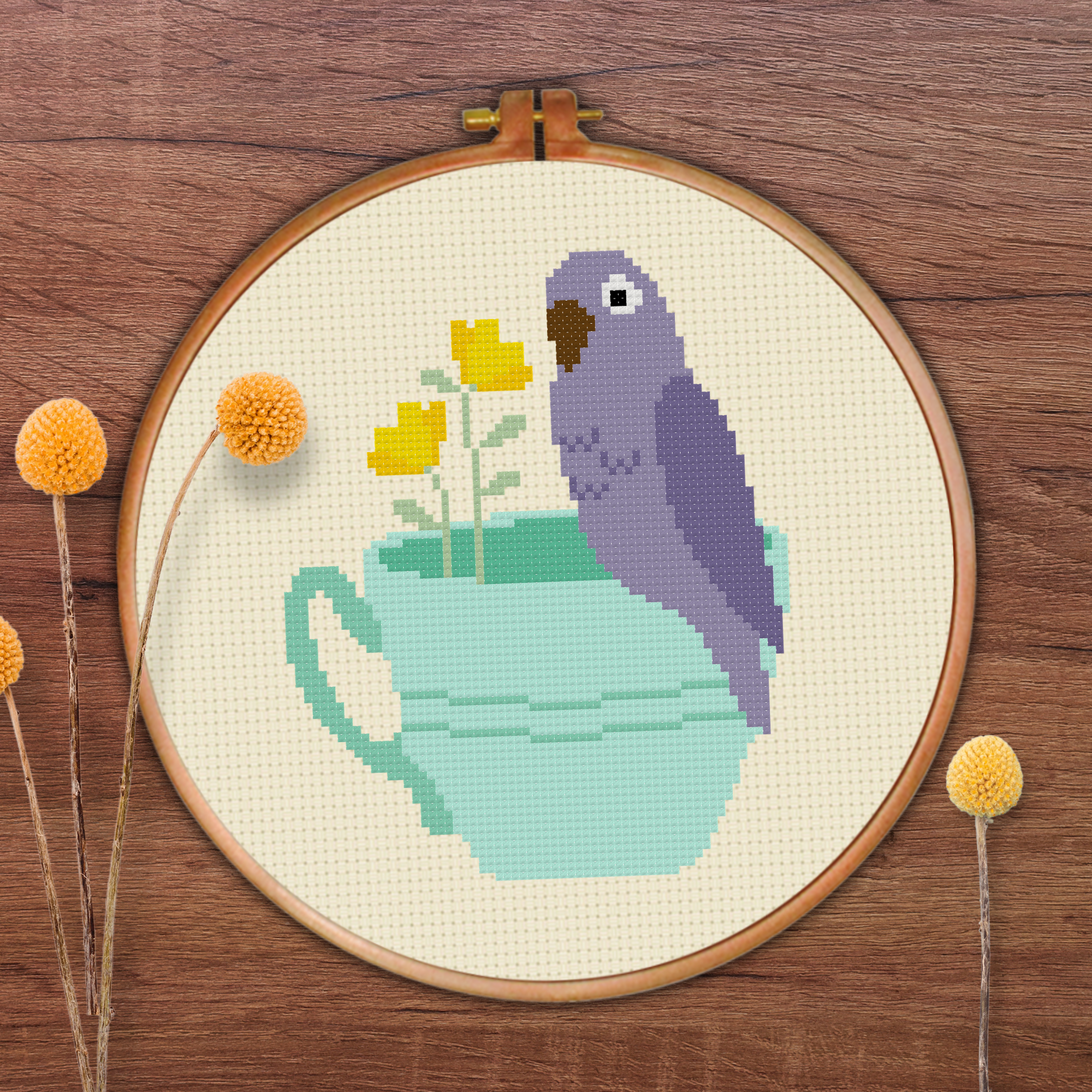 Parakeet And Teacup Cross Stitch Pattern
