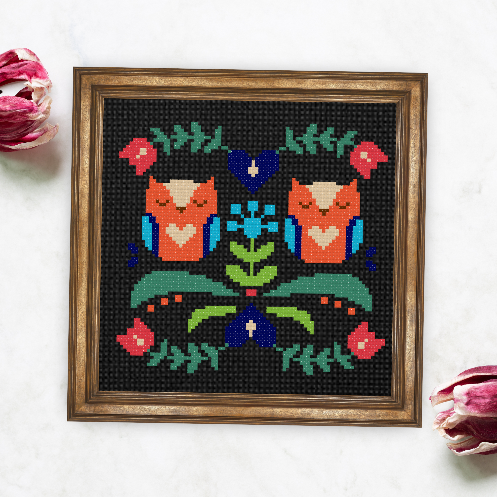 Folk Owls Cross Stitch Pattern